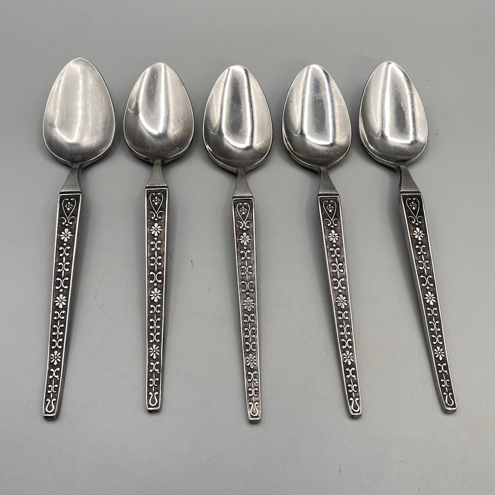 Vintage Riviera Cordova Teaspoons‎ 5pcs Stainless Japan Black Accent Plain Back